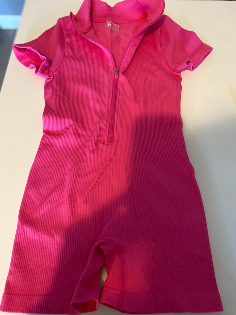 Hot Pink Ribbed Short-Sleeve Jumpsuit Romper